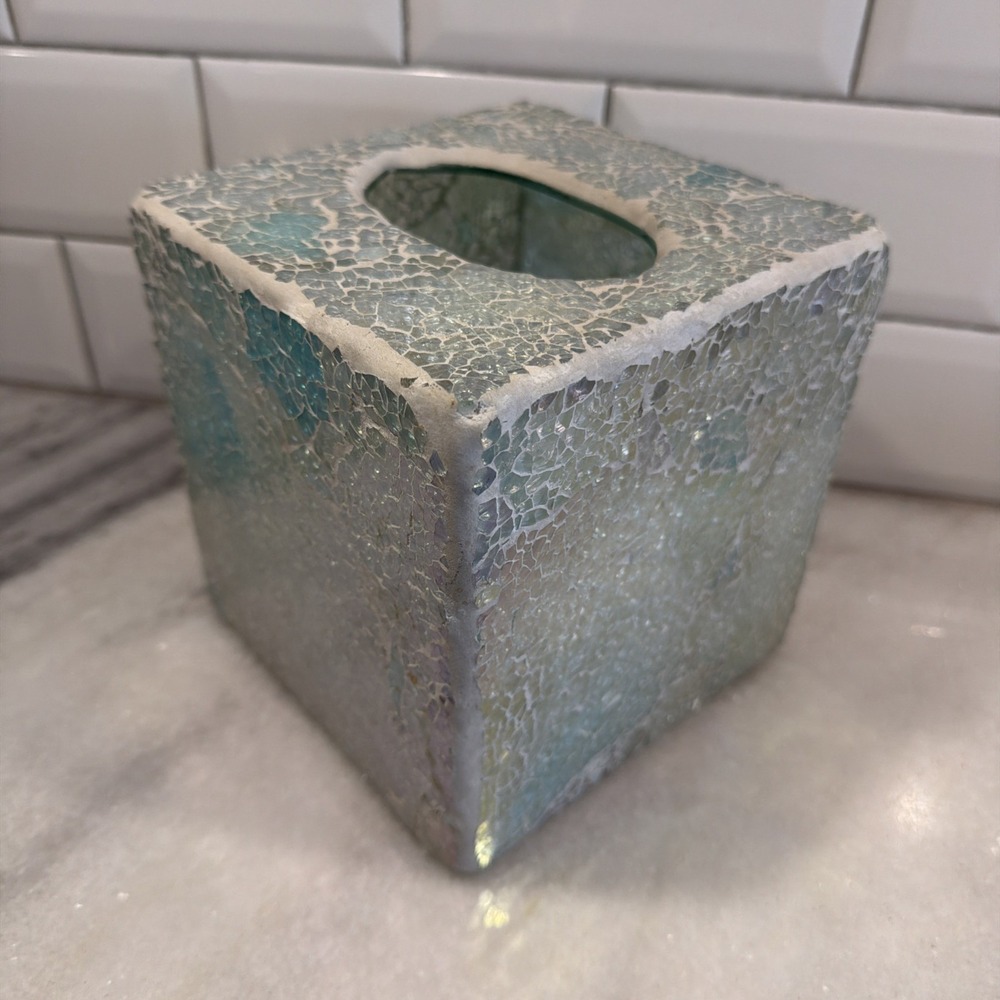 IRIDESCENT BLUE,GREEN,TEAL IRIDESCENT GLASS MOSAIC TISSUE  BOX GW993